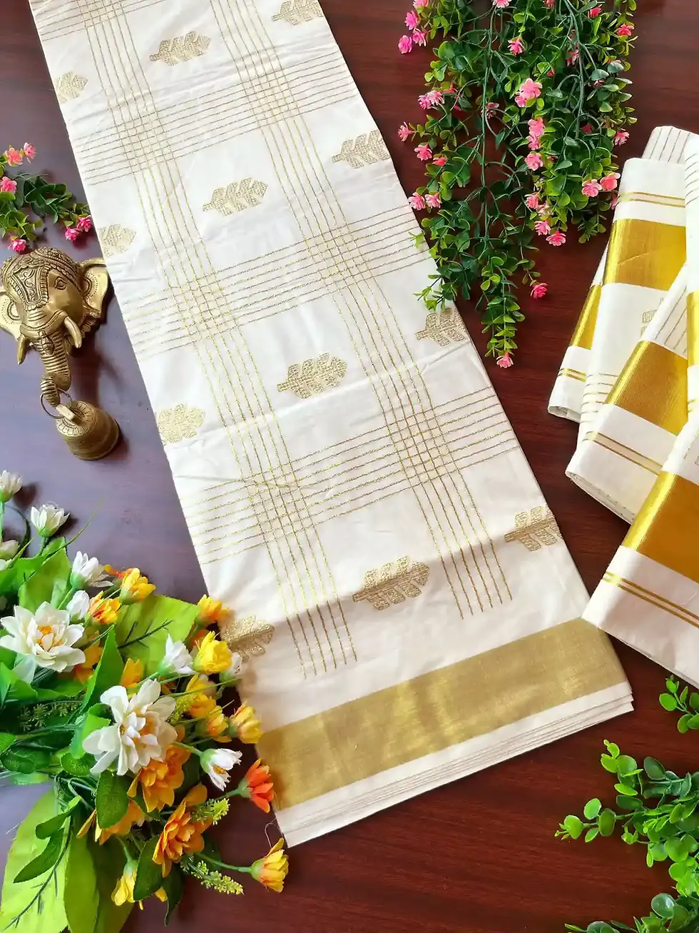 Thumbnail: Golden Embroidery Kasavu Cotton Saree with Running Blouse