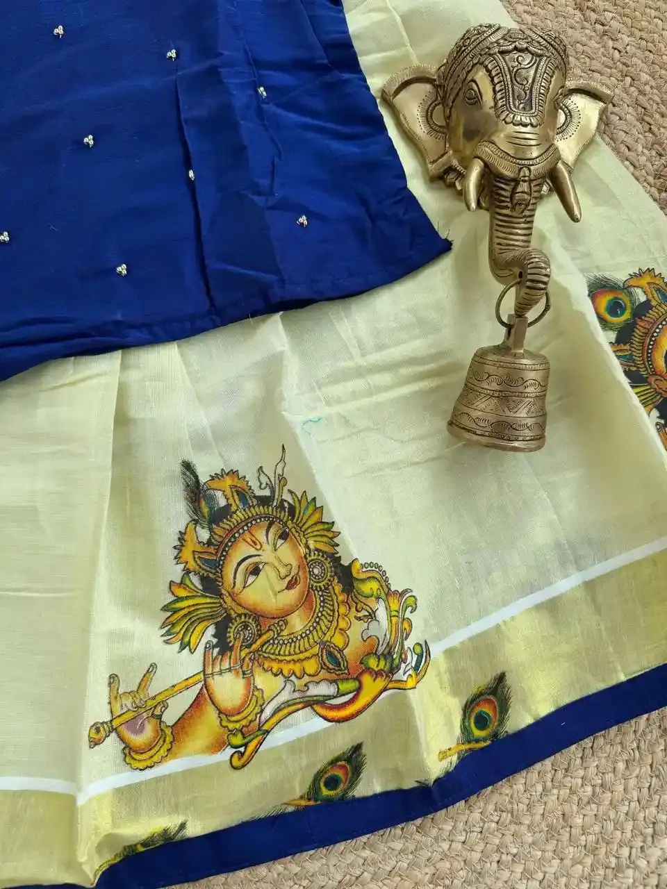 Berry Blue Mural Krishna Kasavu Skirt and Blouse 8 Year Kids skirt design view