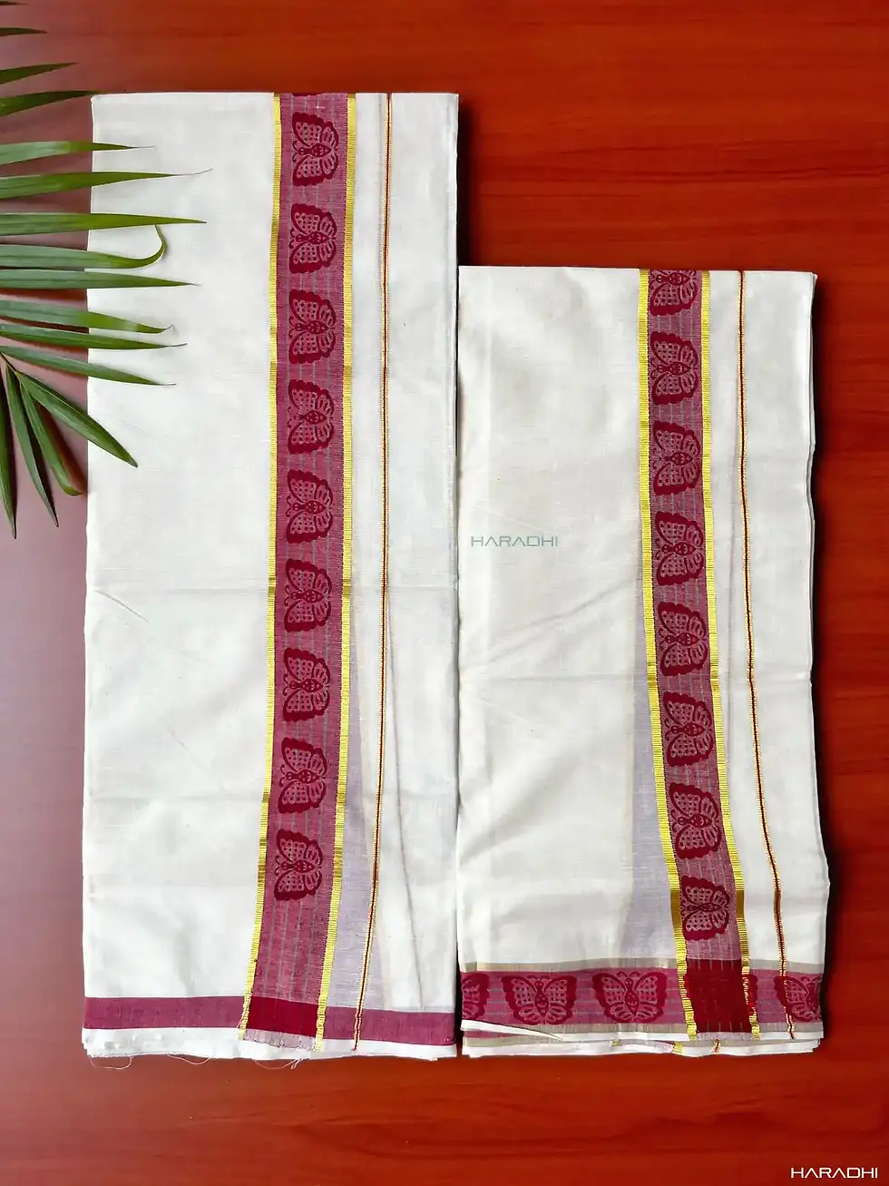 Maroon Butterfly Cotton Setmundu opened main view