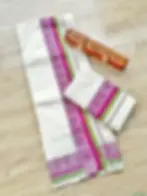Thumbnail: Floral Designer Purple and Green Kara Pure Cotton Set Mundu partial opened side view