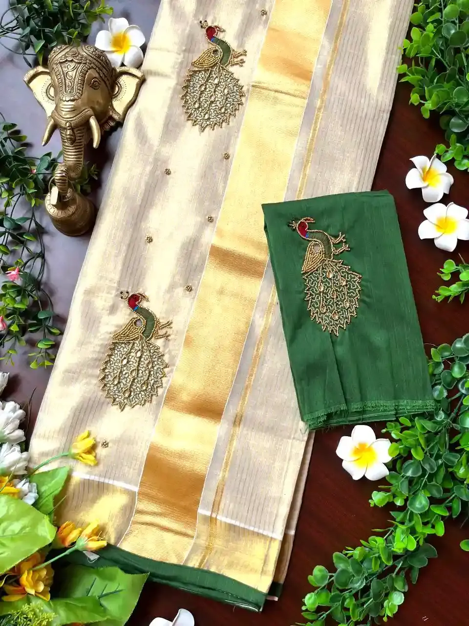 Green Peacock Stone Stock Stripe Wedding Kasavu Saree with Blouse main view