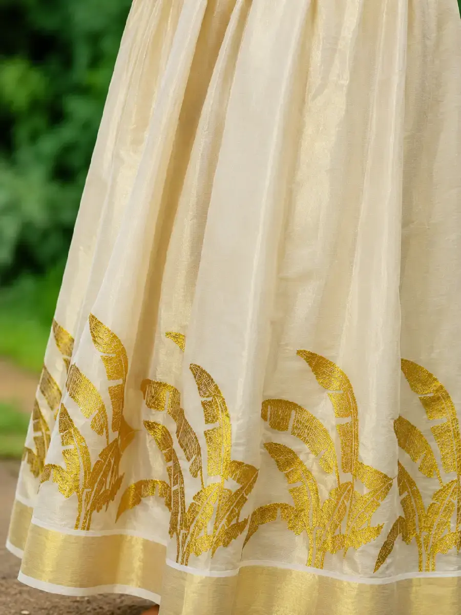 Thumbnail: Golden Feather Embroidery Kasavu Tissue Anarkali Kurti
