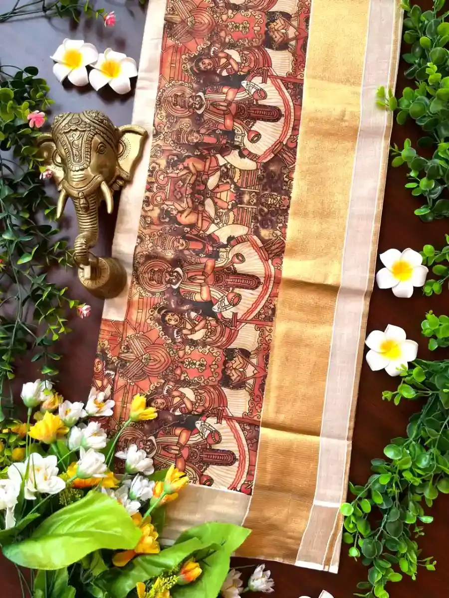 Mural Art Kasavu Tissue Kerala Saree top view