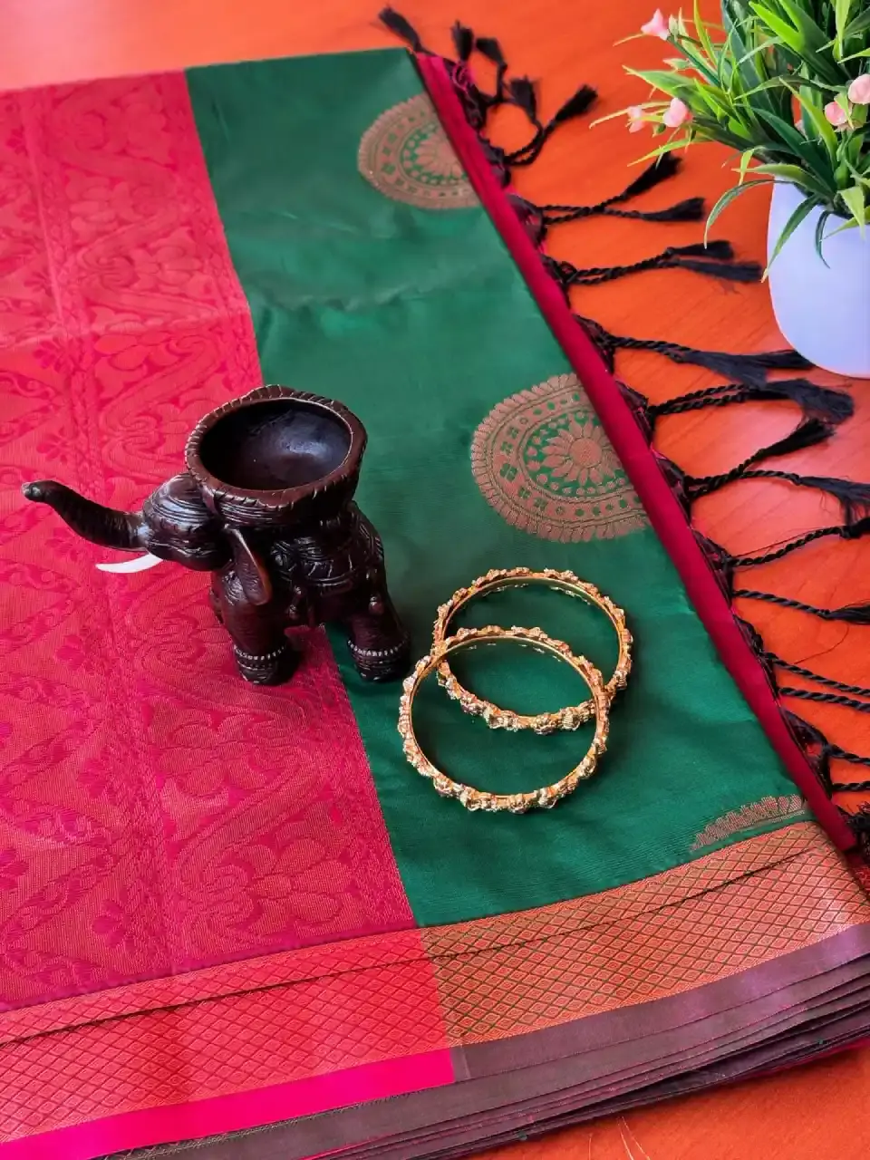 Lawn Green Floral Copper Zari Soft Silk Saree with Roseberry Pallu main view
