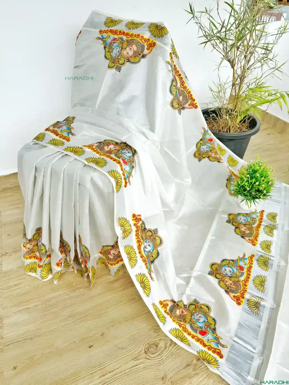 Radha Krishna Mural Silver Tissue Saree with Blouse