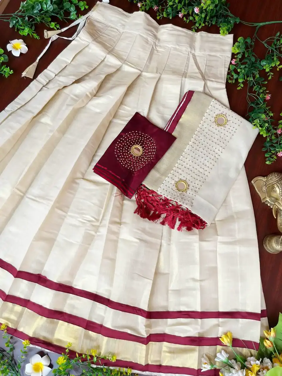 Maroon Stone & Mirror Work Kasavu Tissue Dhavani Set main view