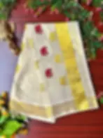 Maroon & Golden Gaja Embroidery Kasavu Tissue Saree with Running Blouse top view