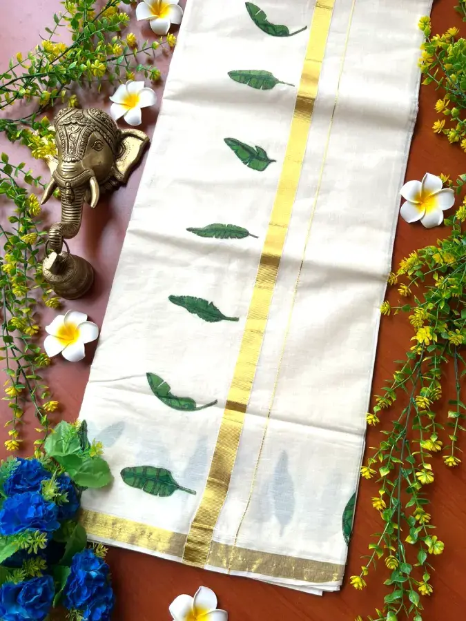 Thumbnail: Banana Leaf Kasavu Cotton Saree top view