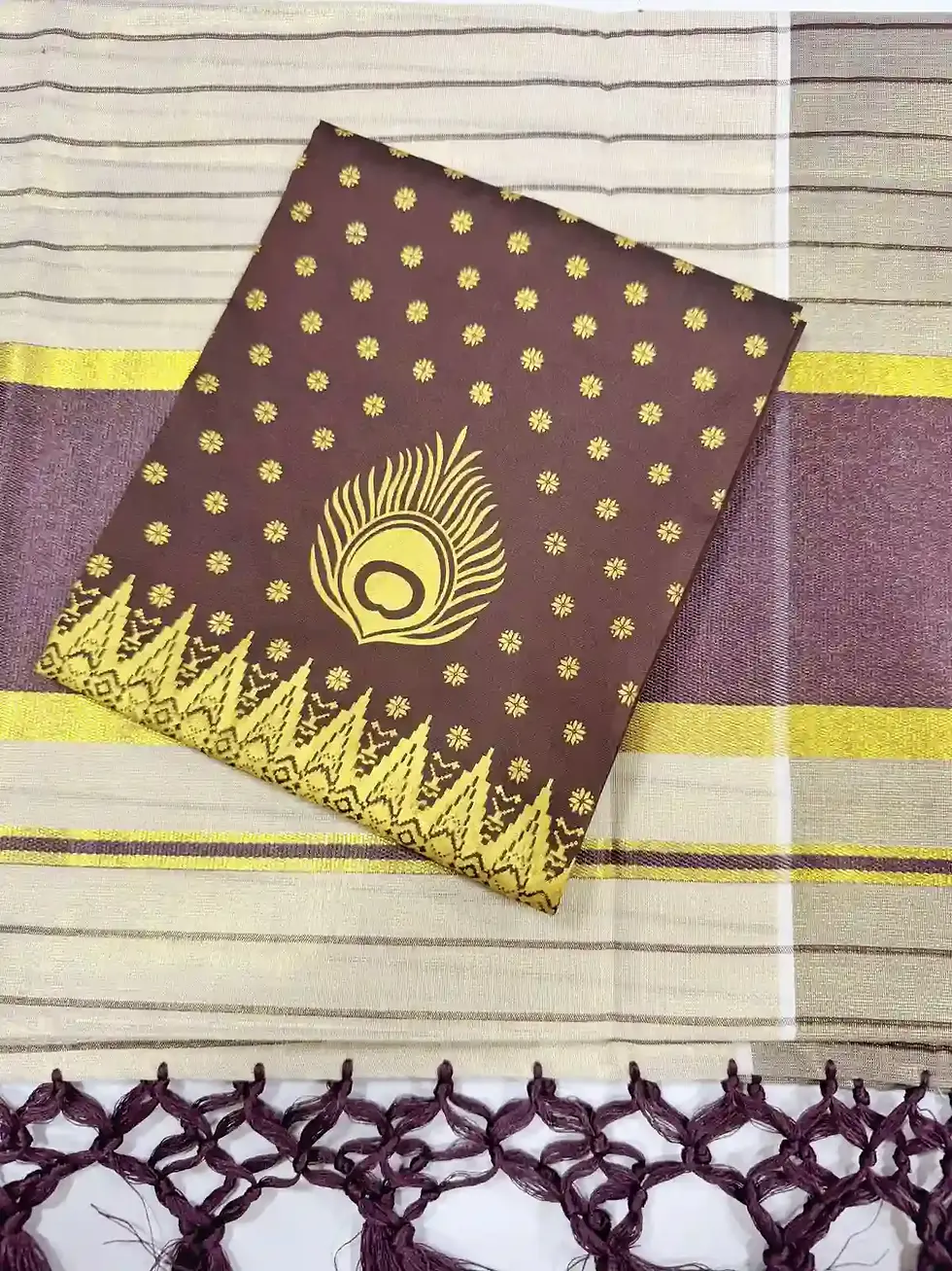 Coffee Bean Stripe Designer Kasavu Tussel Tissue Kerala Saree with Blouse blouse view