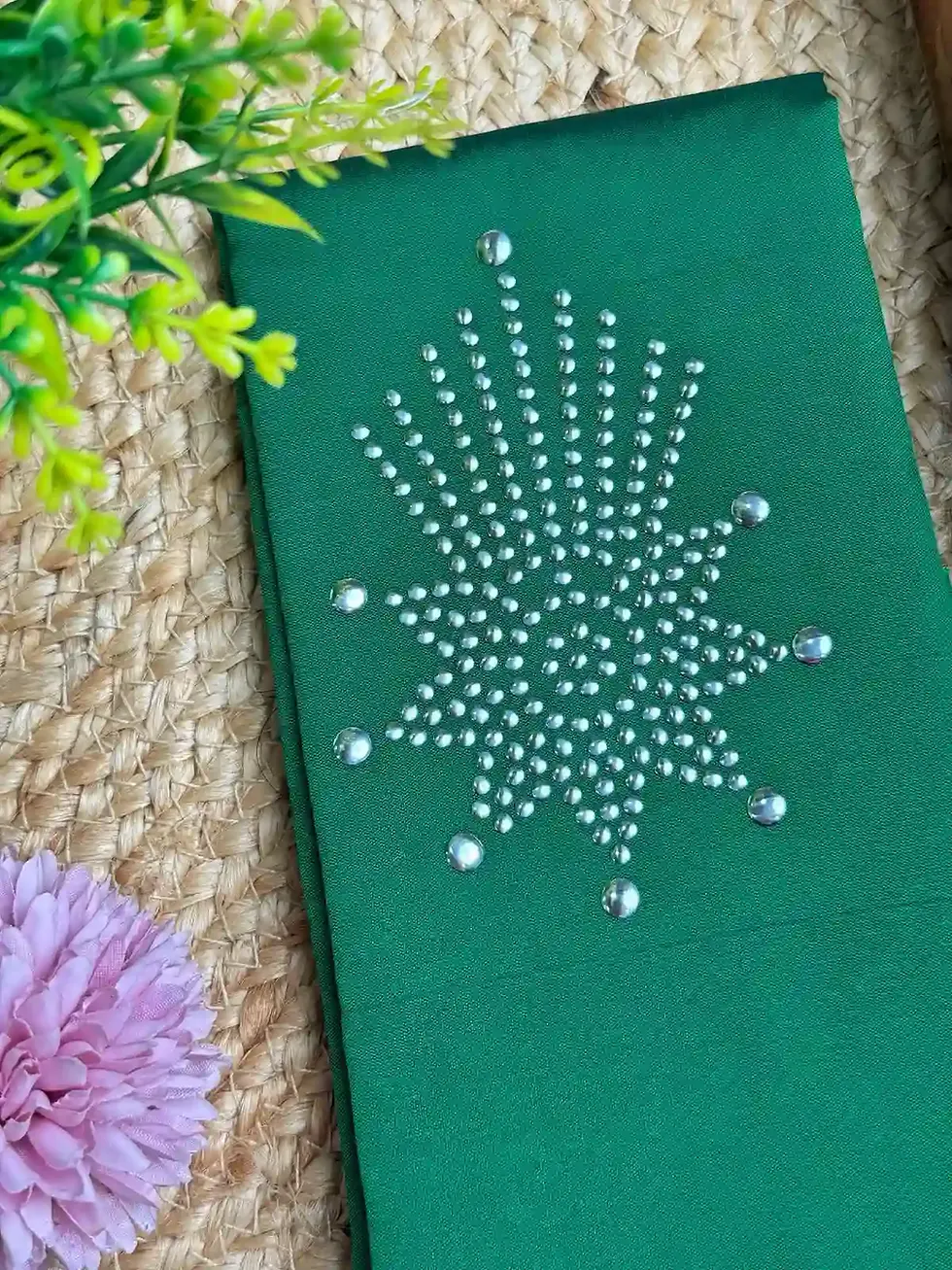 Floral Silver Stone Work Green Blouse Material closeup view