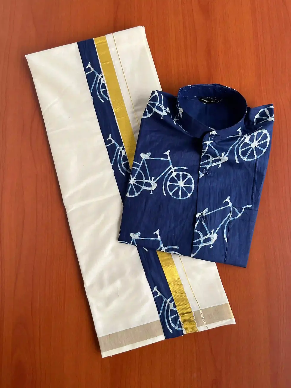 Blue Cycle Light Cotton Shirt & Kasavu Dhoti Combo top view