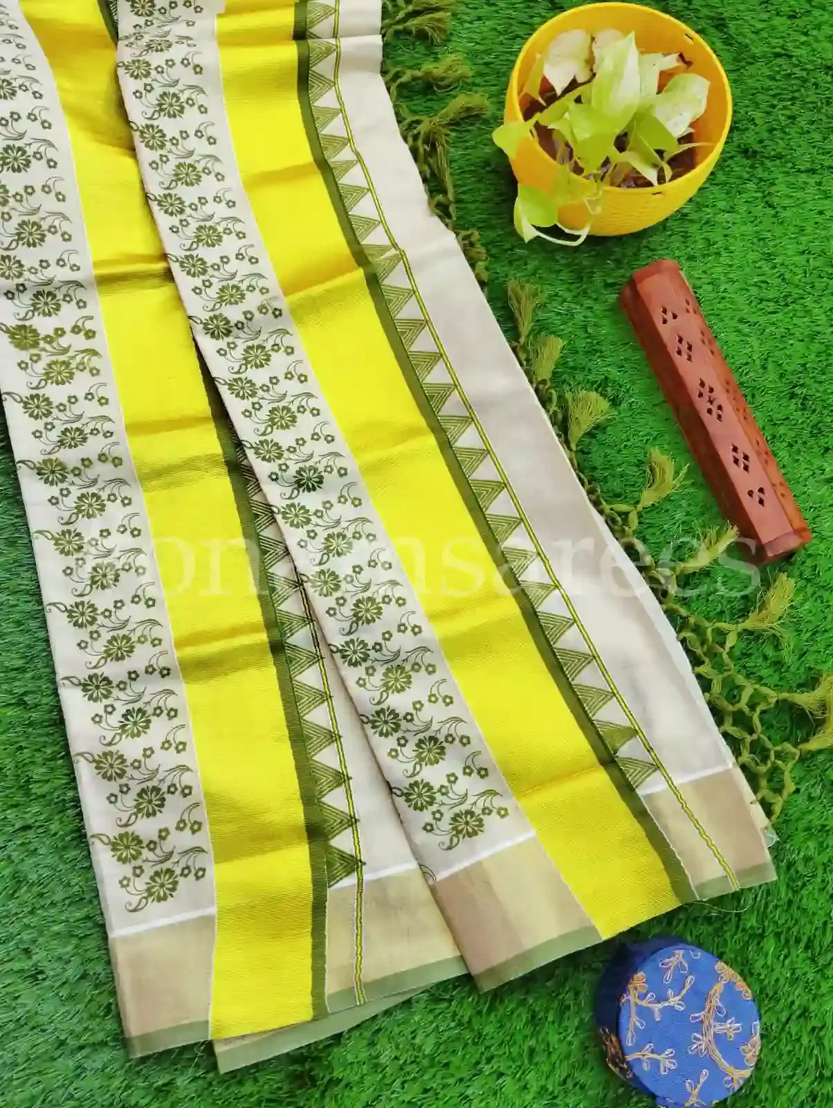 Olive Green Floral Temple Designer Tissue Tussel Setmund main view