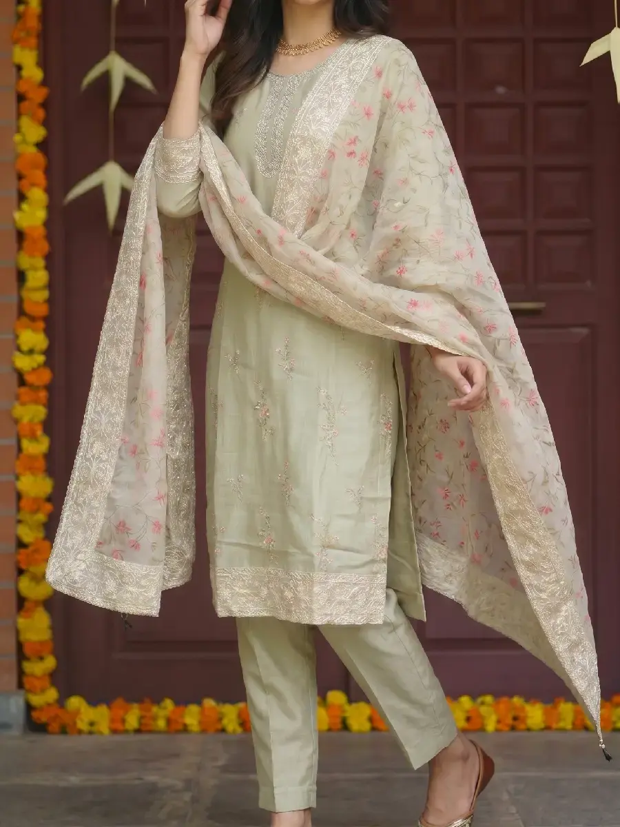 Sage Green Chanderi Silk Kurta Set with Floral Embroidery & Organza Dupatta front full view