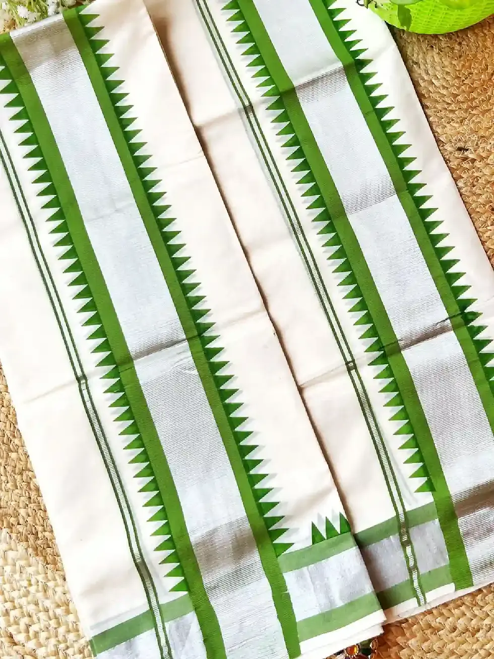 Thumbnail: Temple Designer Pea Green & Black Silver Zari Cotton Setmundu