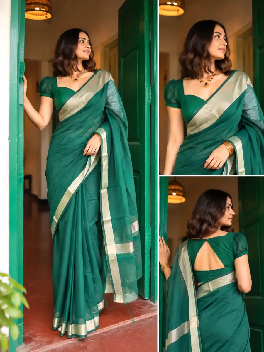 Thumbnail: Bottle Green Plain Cotton Saree with Zari Border collage view