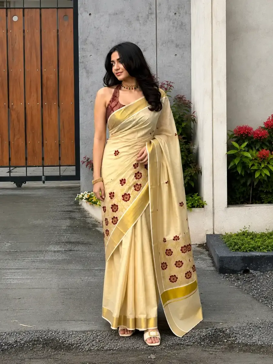 Maroon Floral Embroidery Tissue Kerala Kasavu Saree main view