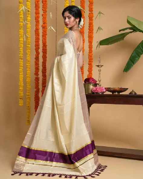 Grape Golden Tissue Kerala Kasavu Saree main view