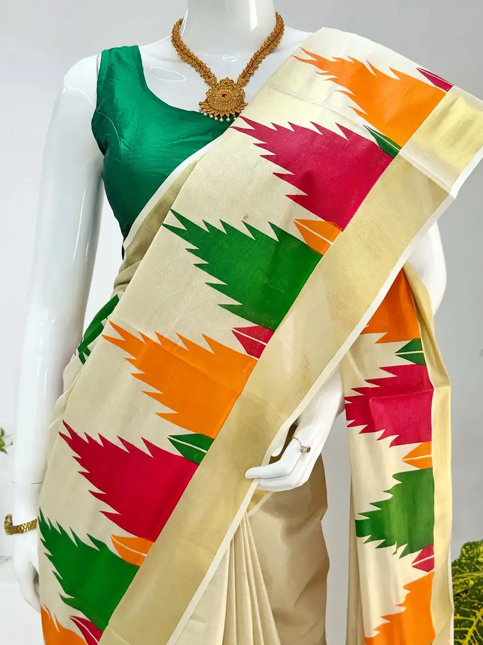Thumbnail: Triple Tone Temple Designer Kasavu Tissue Saree