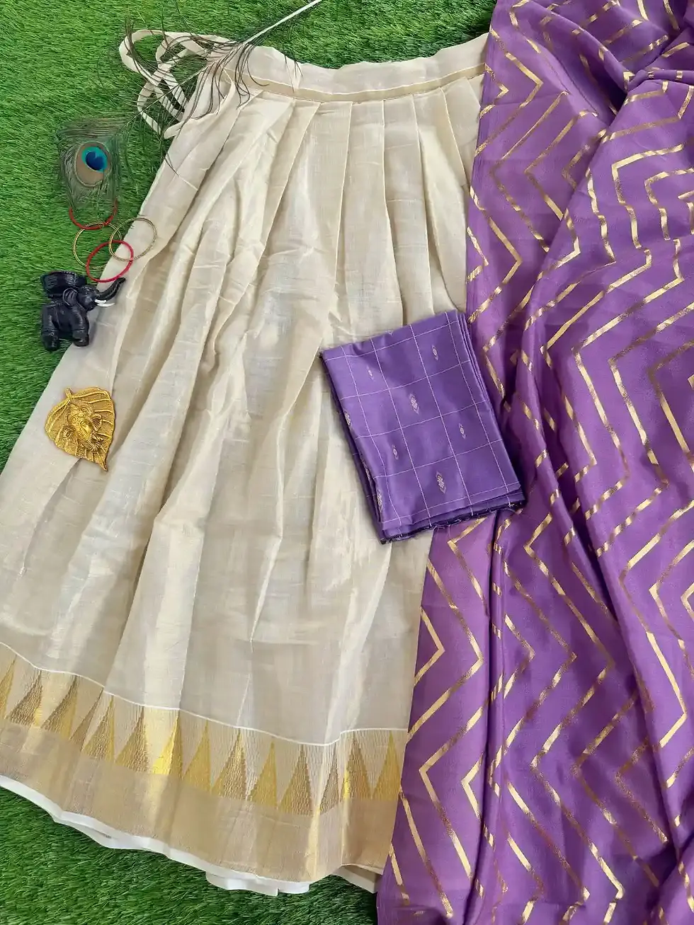 Lavender Kasavu Dhavani Set main view