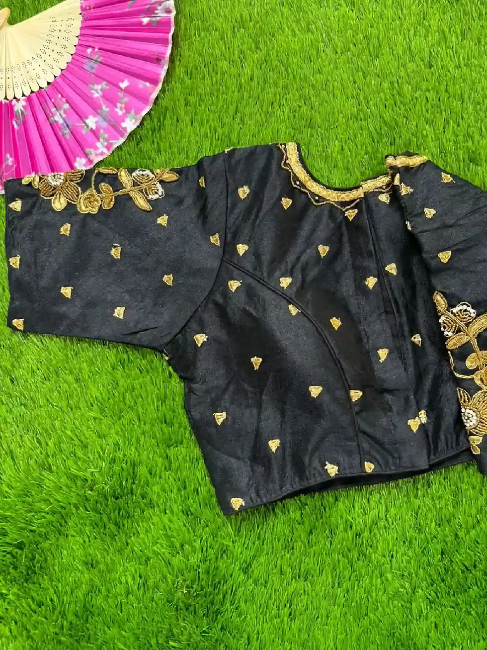 Black & Golden Embroidery Stone Work Readymade Blouse front side view