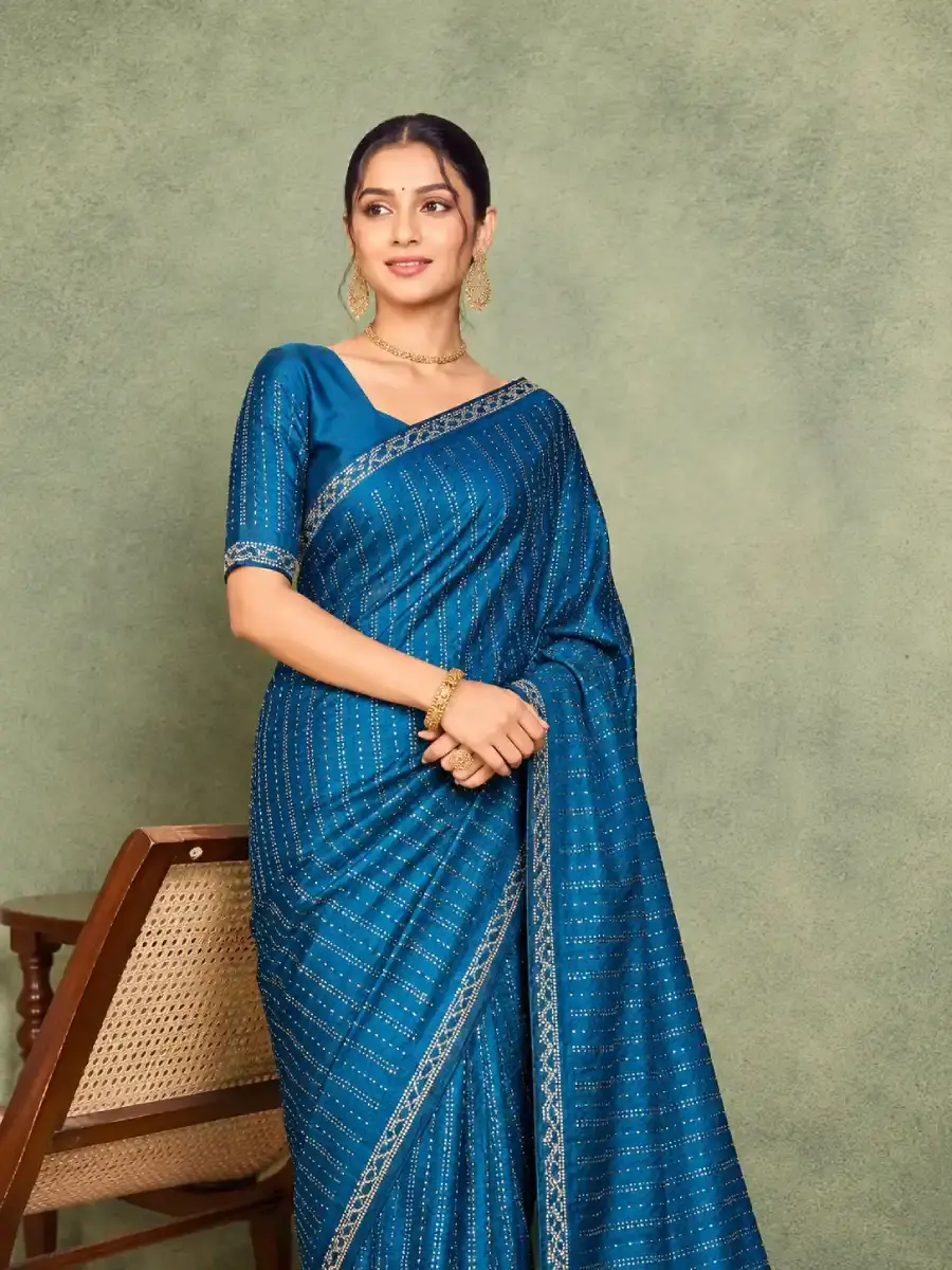 Women’s Embellished Teal Blue French Satin Saree with Swarovski Border front view