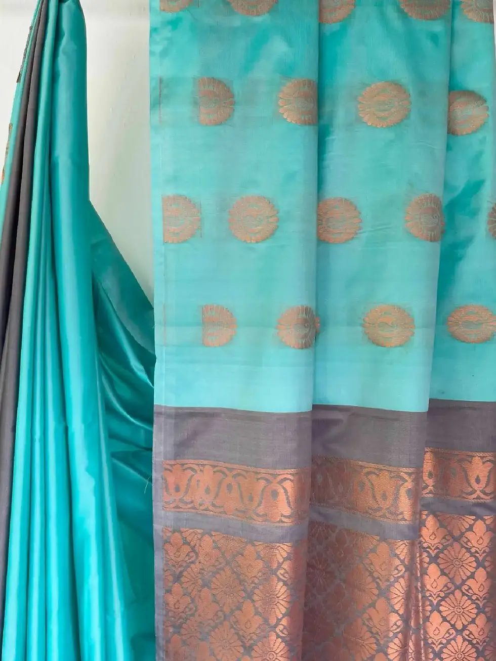 Turquoise Floral Design with Grey Pallu Soft Silk Saree closeup view