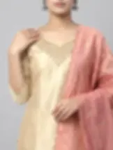 Golden tissue Kurta Set with Magenta Trousers & Dupatta closeup view