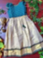 Teal Blue Readymade Kasavu Frock for Girl Kids main view