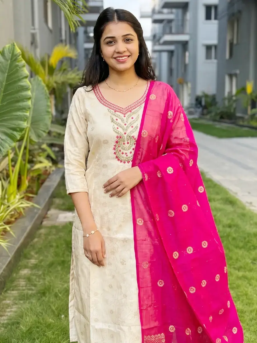 Gold & Pink Banarasi Silk Kurta Close Up View