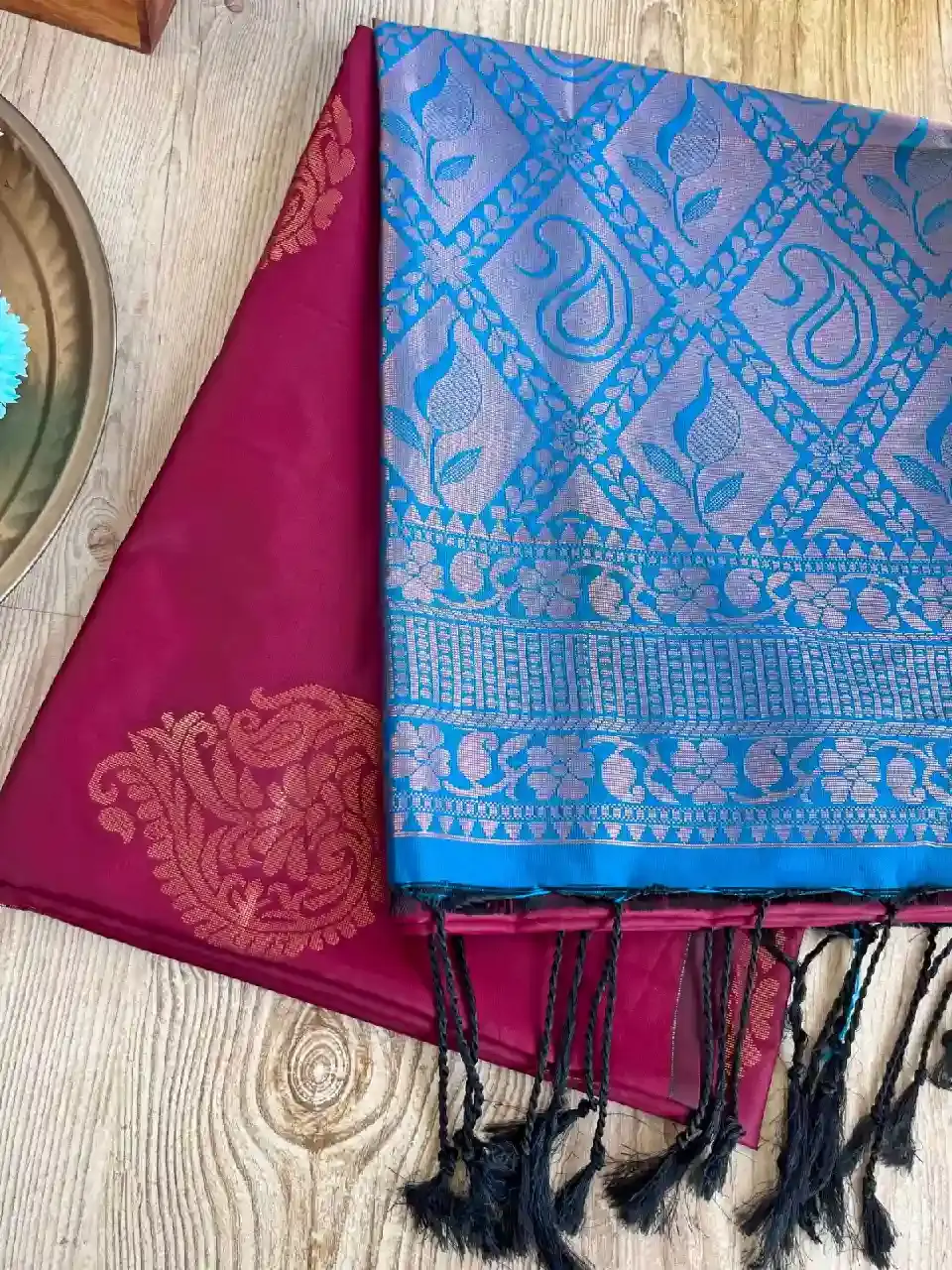 Mango Designer Maroon with Cobalt Blue Soft Silk Saree main view
