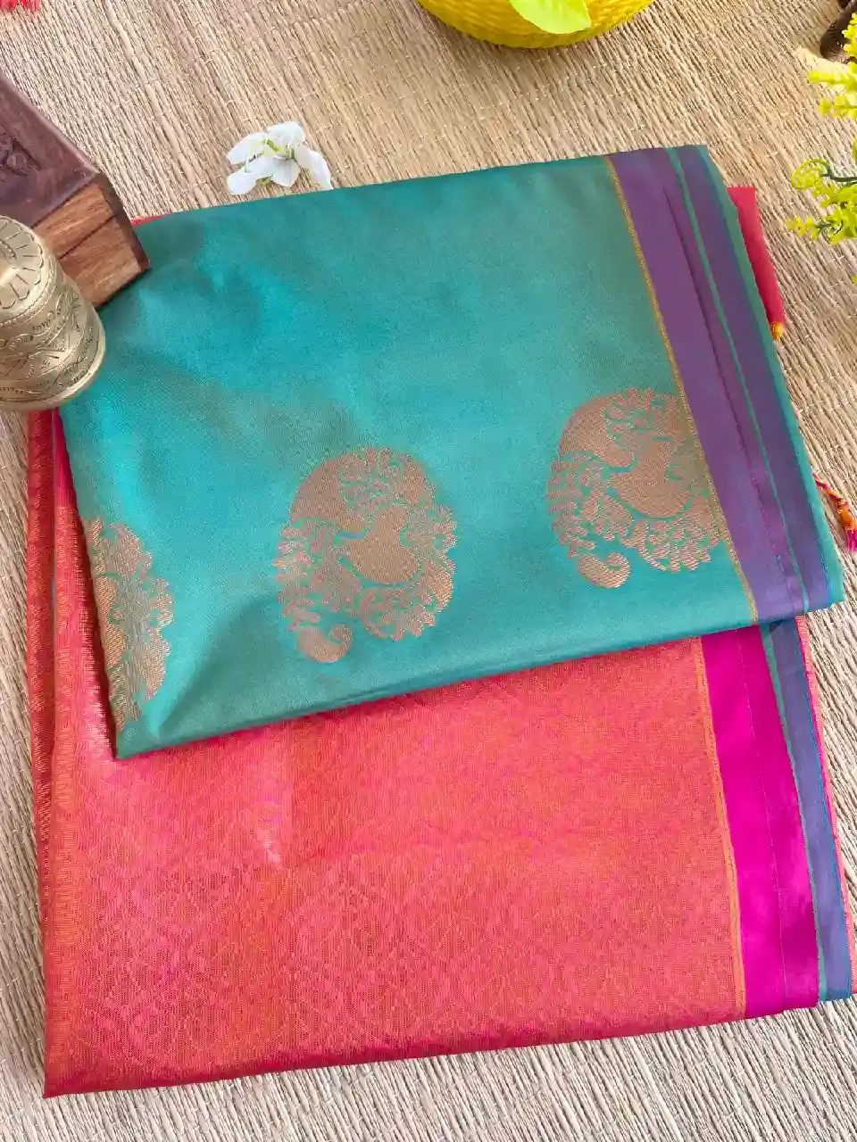Soft Silk Saree with Tiffany Blue and Peach Color top view