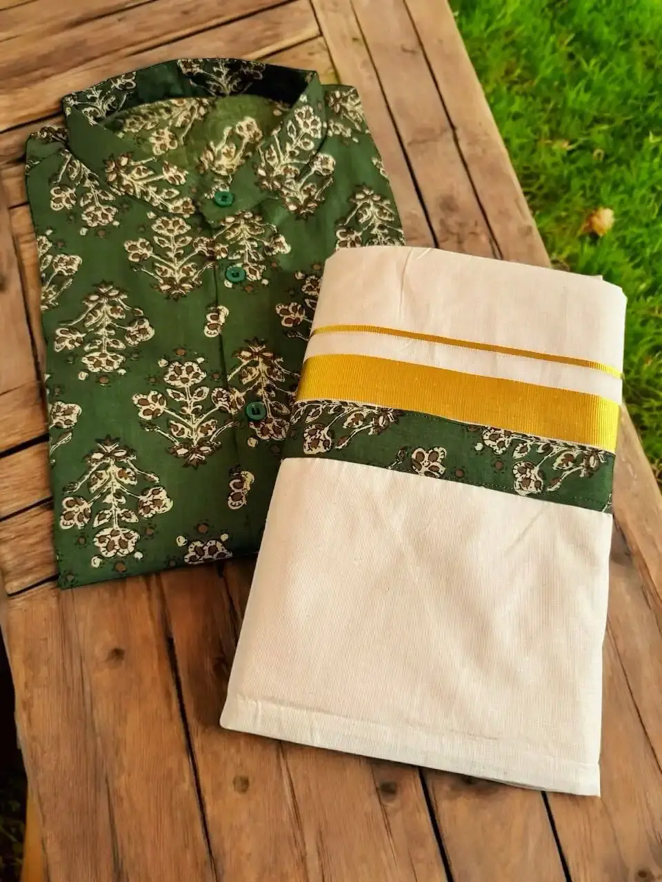 Pea Green Ajrak Shirt and Kasavu Mundu Combo Set main view