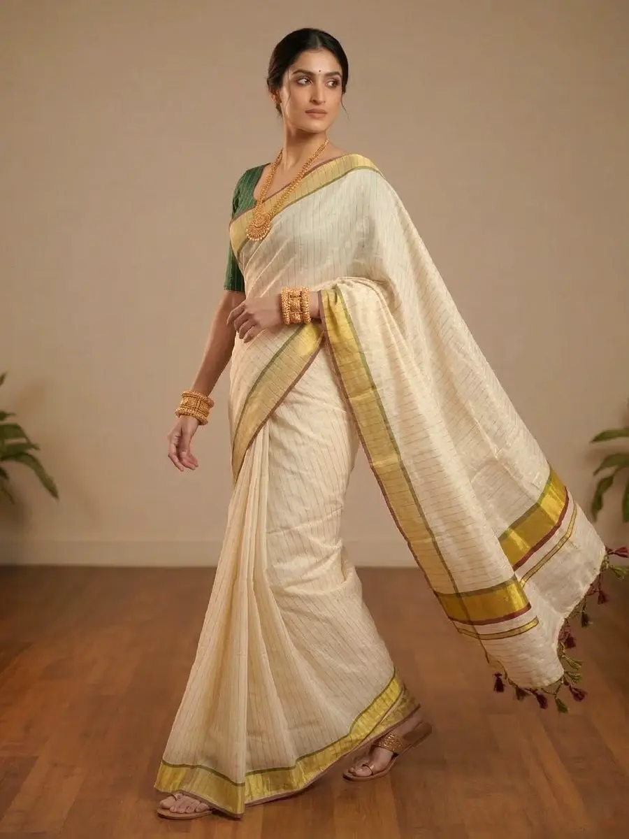 Stripe Tissue Kasavu Saree with Maroon & Pea Green Border main view