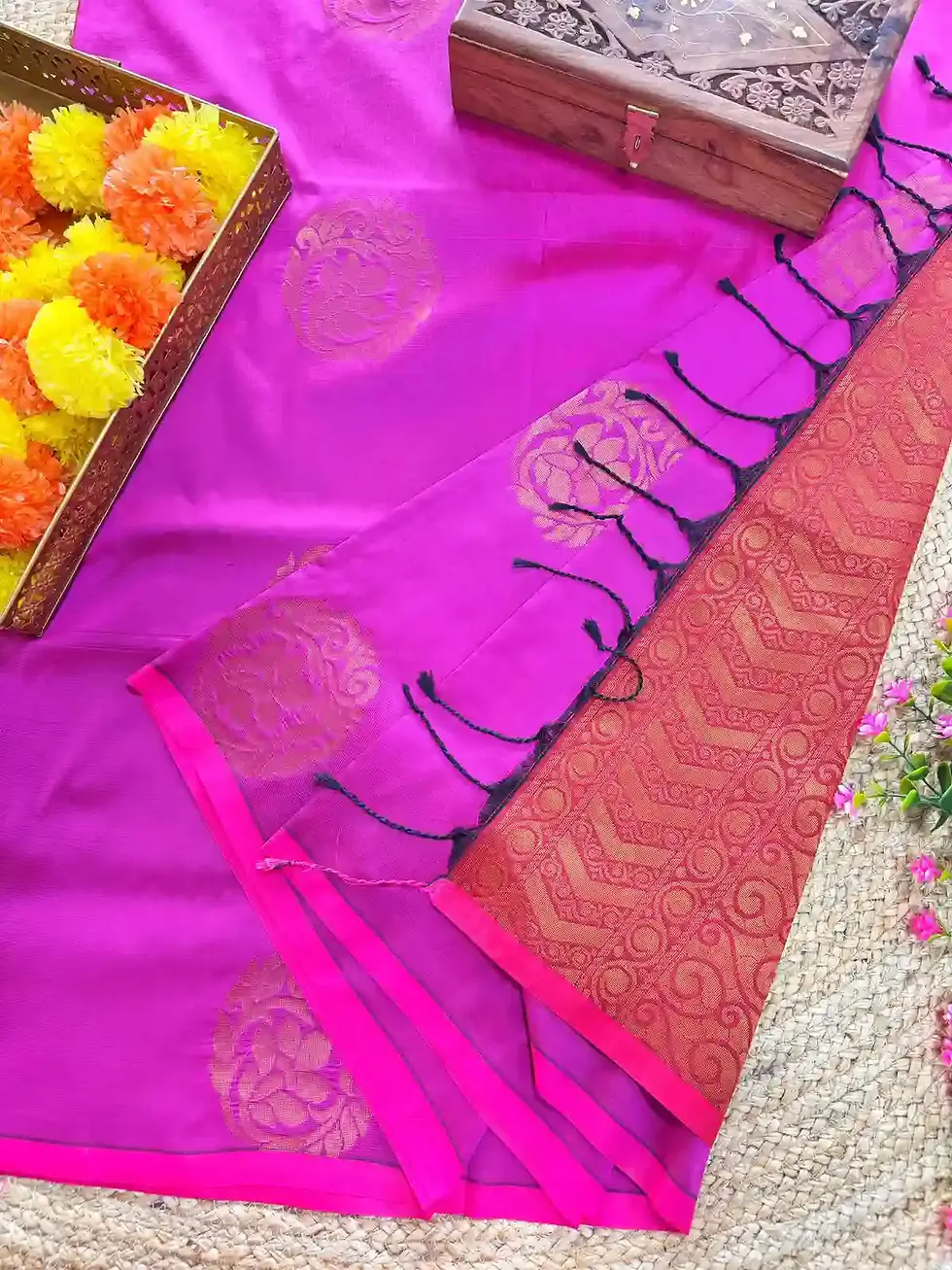 Orchid Floral Copper Zari Pure Soft Silk Saree with Tussels main view