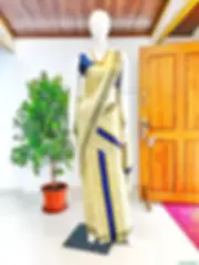 Premium Gold Stripe Berry Blue Kasavu Tissue Handloom Balaramapuram Setmundu Main View