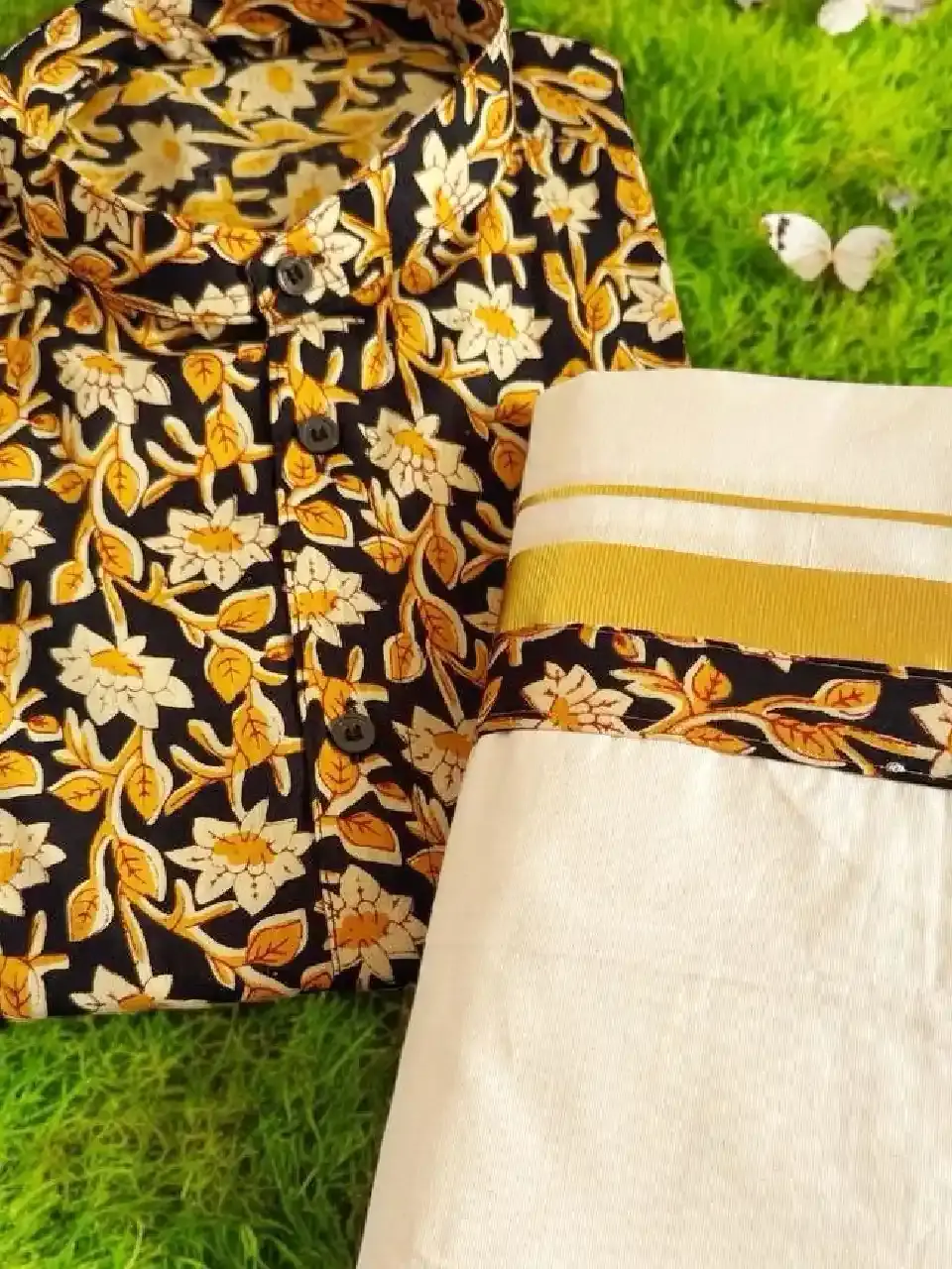 Black and Golden Ajrak Kasavu Mundu and Shirt Combo Set closeup view