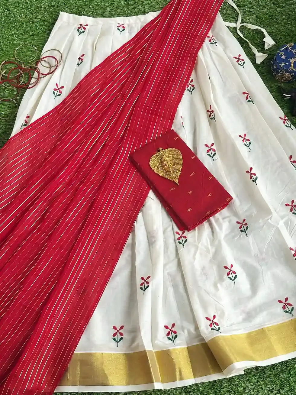 Thechipoo Embroidery Kasavu Dhavani Set bottom angle view