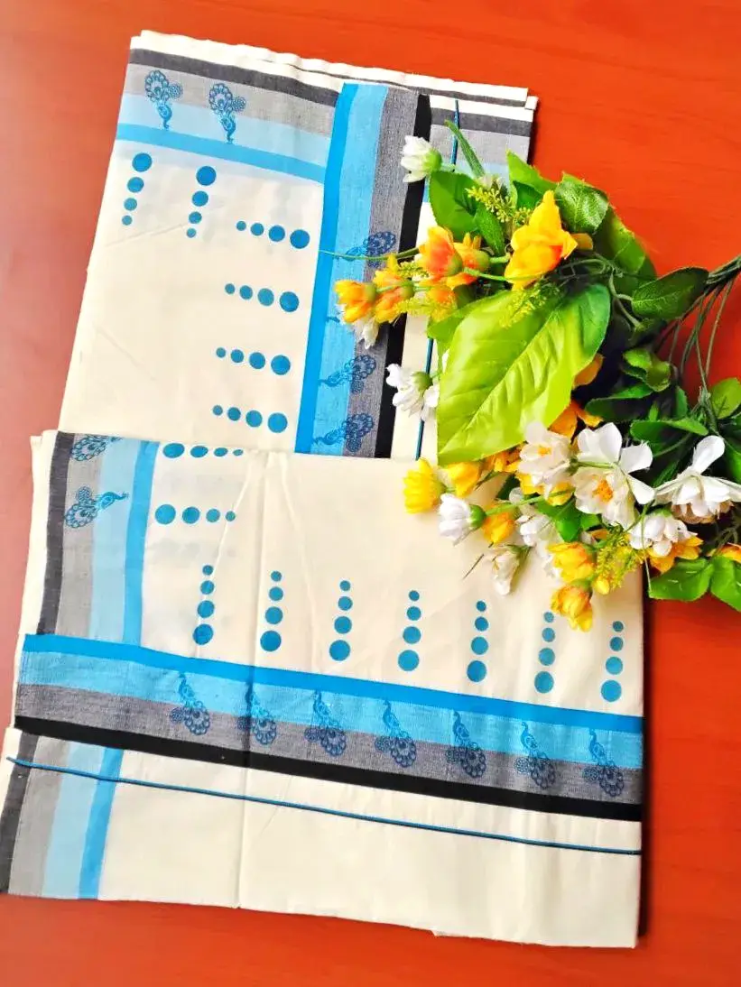 Peacock Dotto Blue and Black Kara Pure Cotton Kuthampully Saree