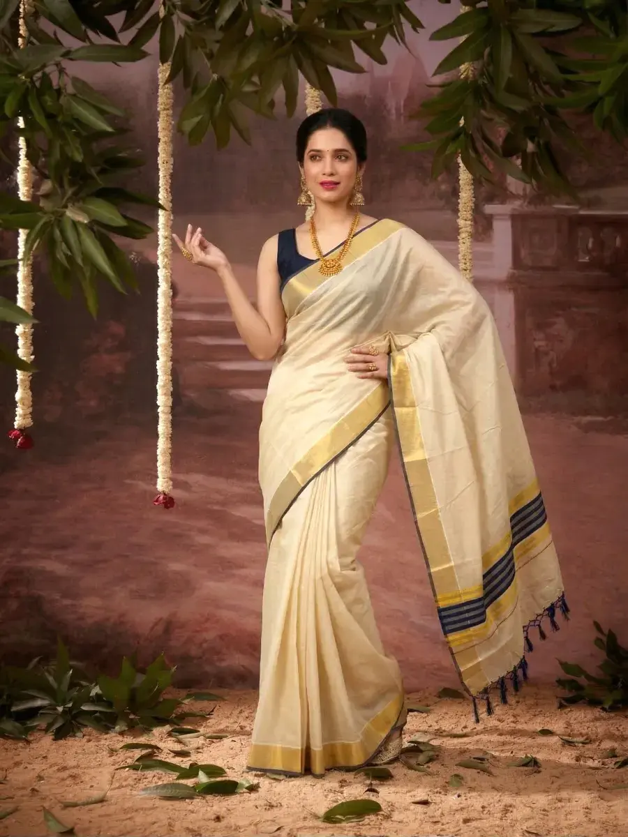 Berry Blue Border and Stripes Kasavu Tissue Saree main view