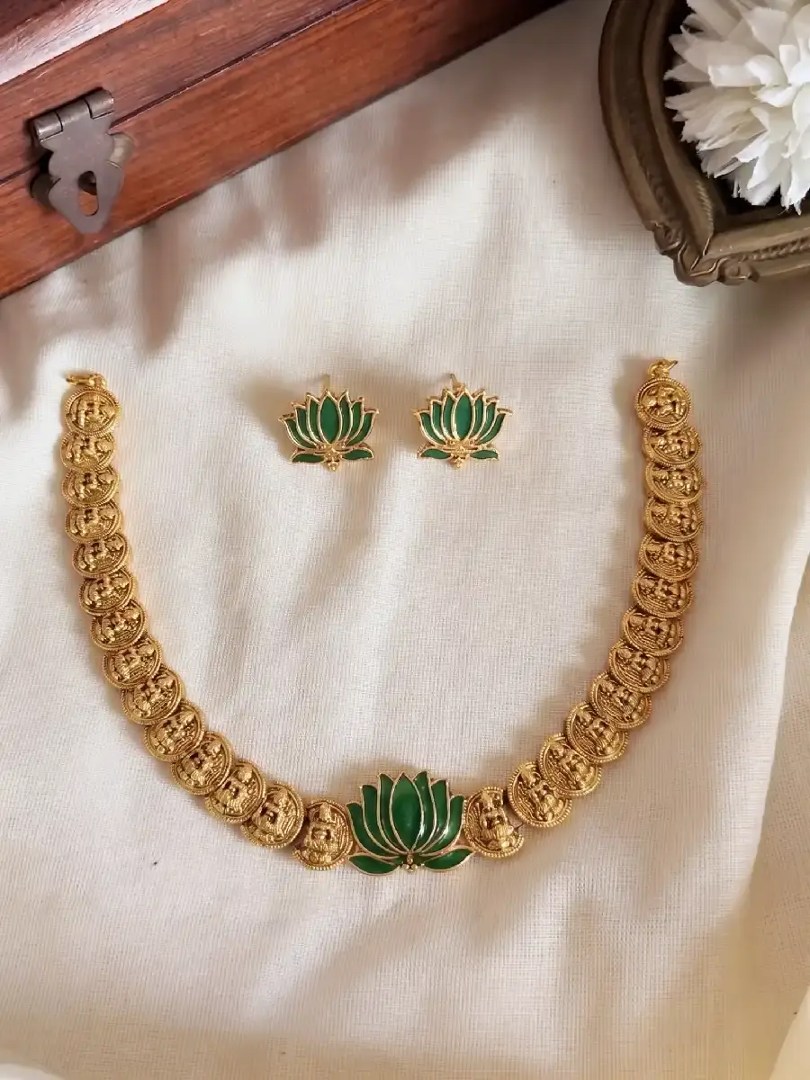 Premium Lakshmi Coin Green Lotus Necklace Set main view