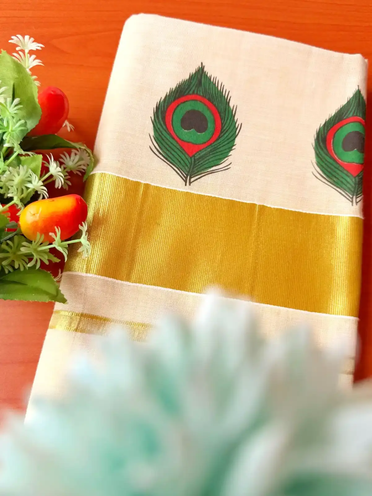 Golden Kasavu Feather Tissue Saree