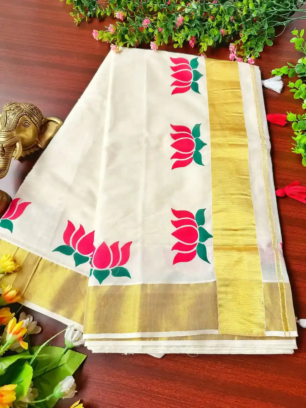Thumbnail: Lotus Kasavu Cotton Kerala Saree with Tussel