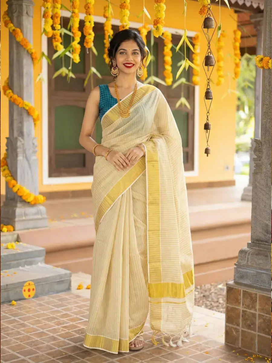 Golden Stripe Premium Kasavu Tissue Saree with Blouse