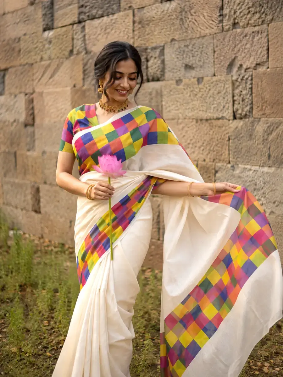 Thumbnail: Madras Check Pure Cotton Kasavu Saree with Blouse full view