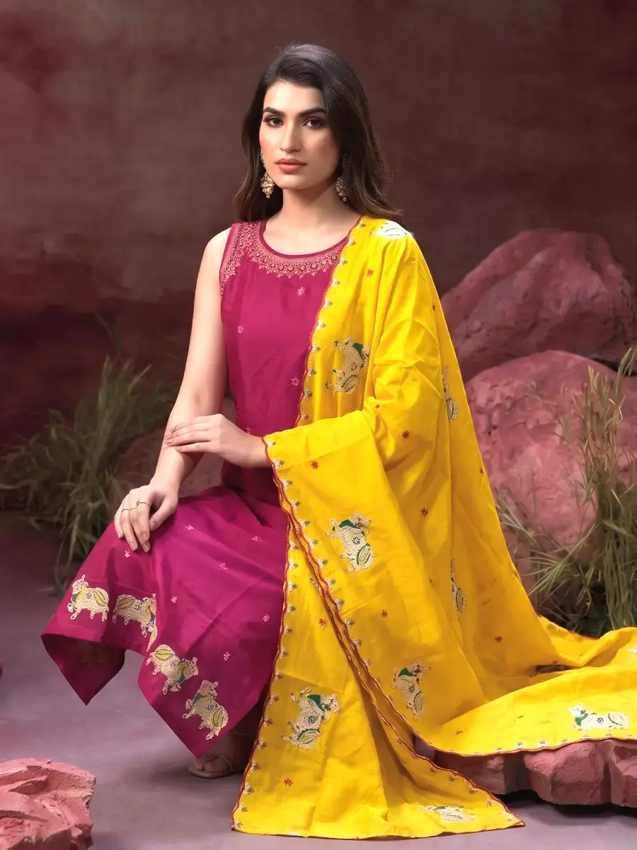 Thumbnail: Embroidered Magenta Kurta with Yellow Scalloped Border Dupatta sittinf view