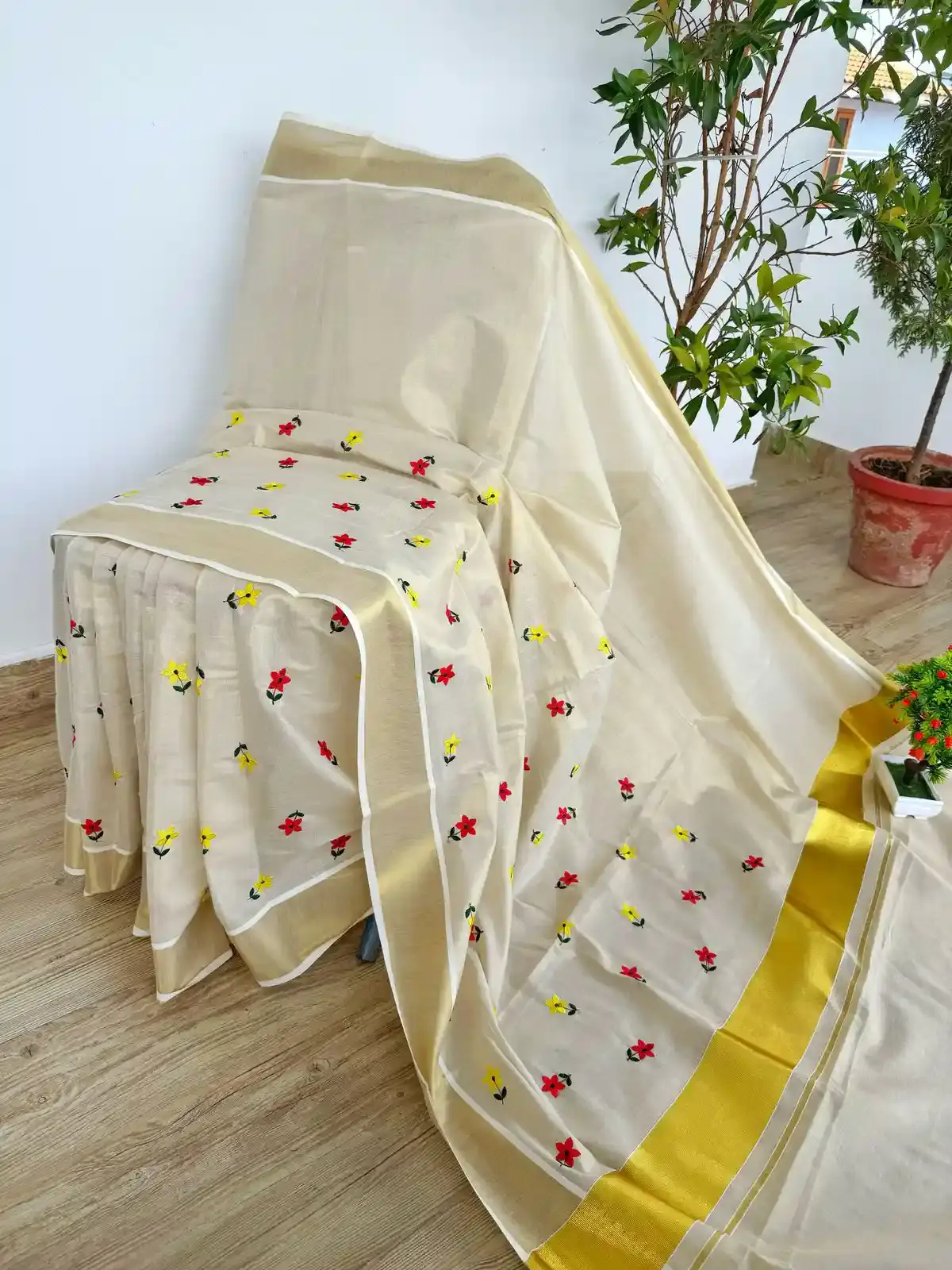 Red & Yellow Flower Kasavu Tissue Kerala Saree with Blouse main view