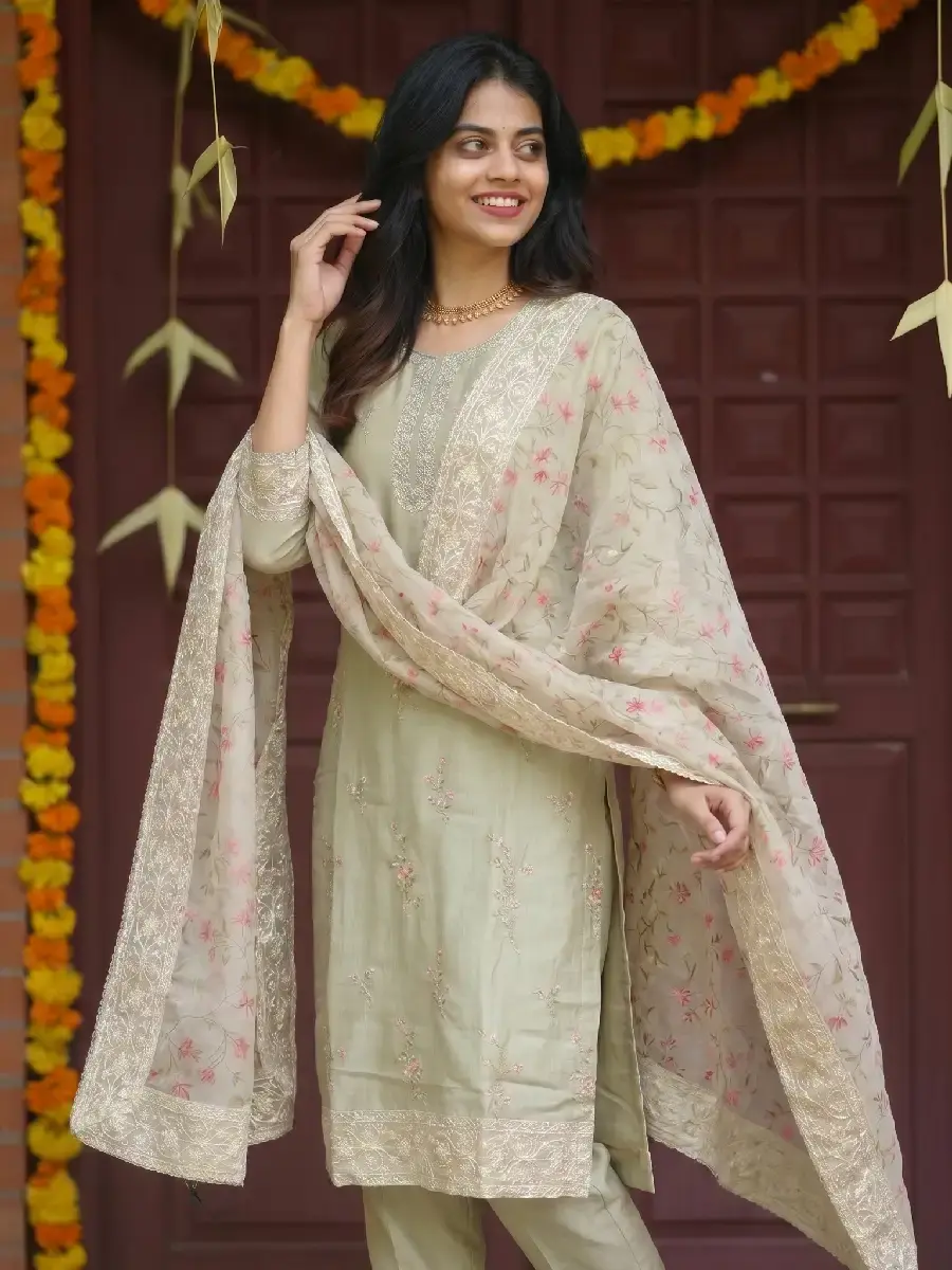 Sage Green Chanderi Silk Kurta Set with Floral Embroidery & Organza Dupatta main view