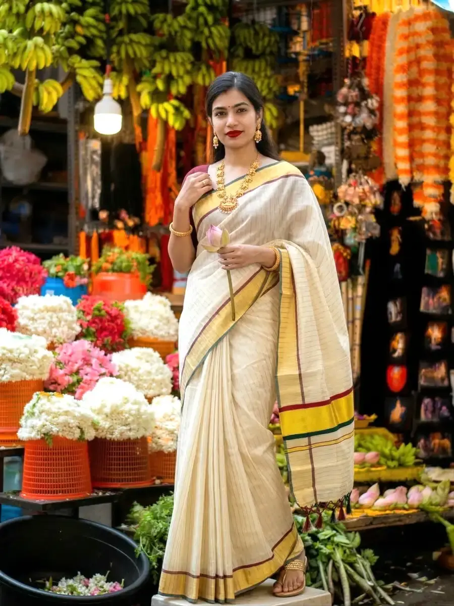Thumbnail: Maroon & Green Border Kasavu Saree with Stripes main view