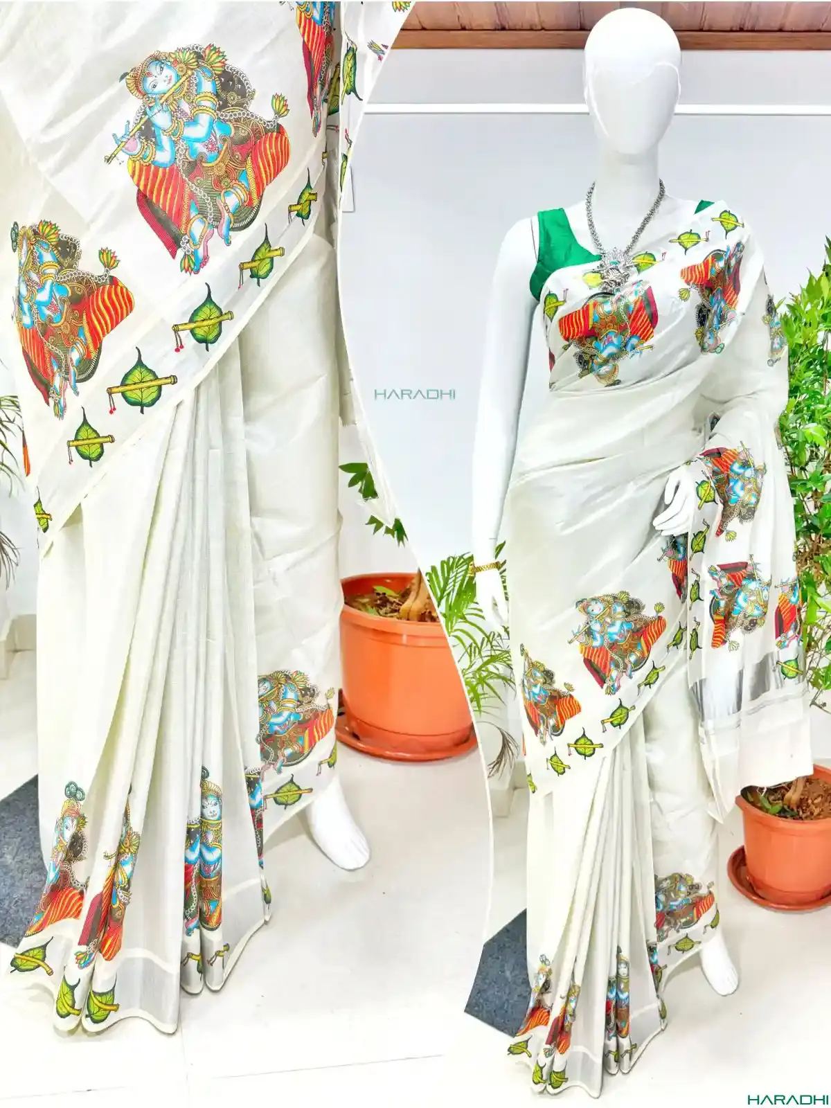 Alila Flute Krishna Mural Silver Kasavu Tissue Saree with Blouse