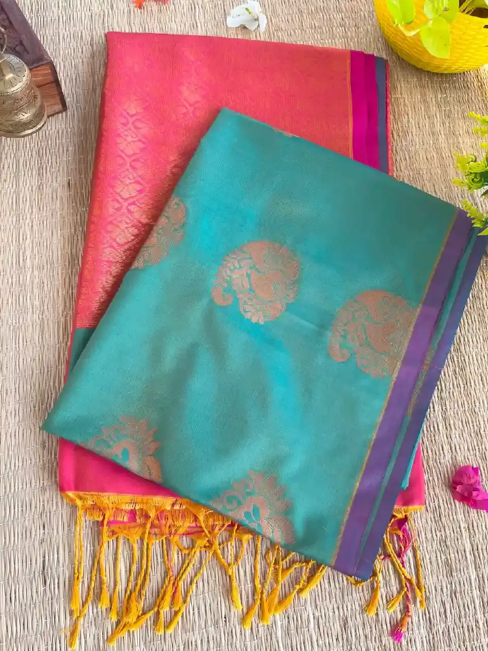 Soft Silk Saree with Tiffany Blue and Peach Color main view